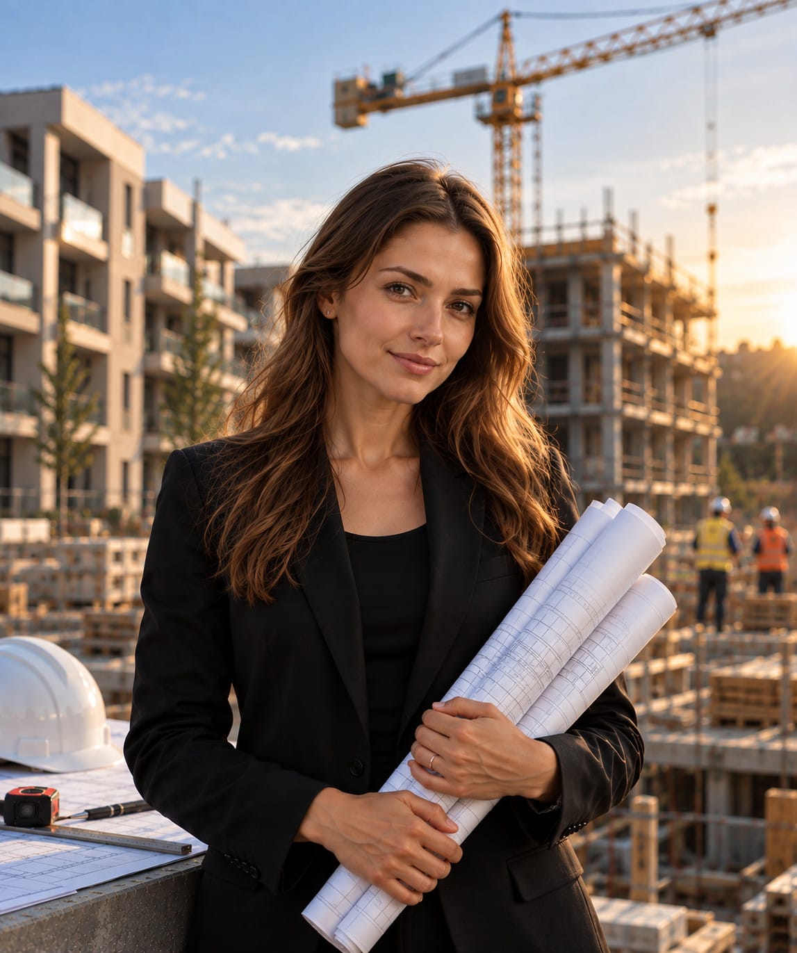 Projektleiterin mit Bauplänen auf einer Baustelle